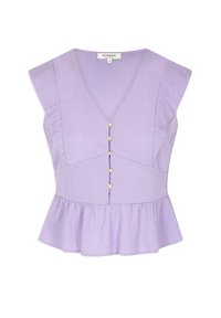 Top peplo lilla con scollo a V, maniche corte a cappuccio e cinque bottoni decorativi sul davanti. Tessuto morbido con una consistenza liscia.