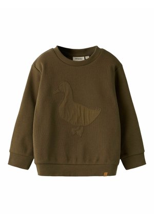 Børns langærmede olivengrøn vaffelstrikket sweater med en and silhuet applikation foran og ribstrikkede manchetter og kant.