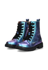 Lace-up enkelboots van iriserend synthetisch materiaal in turquoise en paarse tinten, met zwarte veters en rubberen zolen.