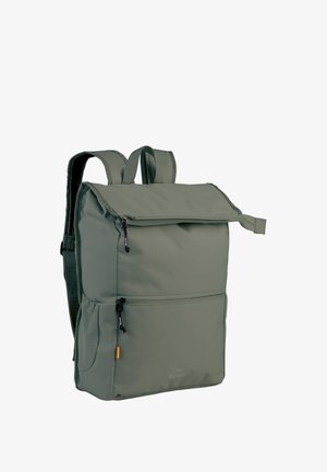 Grüner Stoff-Rucksack mit Rolltop-Design, zwei Reißverschlüssen, Fronttasche und gepolsterten Schultergurten. Verfügt über eine seitliche Mesh-Tasche.