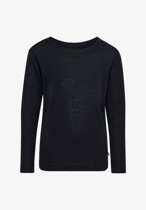 Schwarzes Langarmshirt mit weitem Ausschnitt, aus strukturiertem Stoff gefertigt. Hat ein schlichtes Design ohne Muster oder Verzierungen.