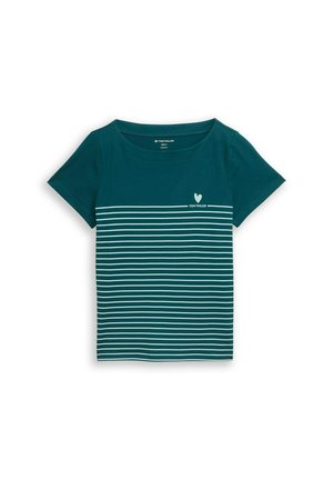 Donker teal T-shirt met korte mouwen, witte horizontale strepen aan de onderkant en een klein wit hart met het "Tom Tailor" logo op de borst.