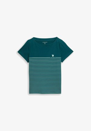 Donker teal T-shirt met korte mouwen, witte horizontale strepen aan de onderkant en een klein wit hart met het "Tom Tailor" logo op de borst.