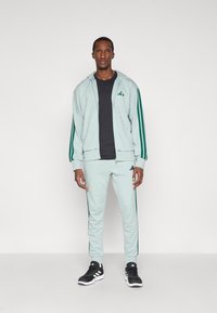 Ανοιχτό μέντα φόρμα με σκούρες πράσινες ρίγες, φούτερ με φερμουάρ και ταιριαστά παντελόνια. Μαύρο μπλουζάκι και αθλητικά παπούτσια συμπληρώνουν την εμφάνιση.