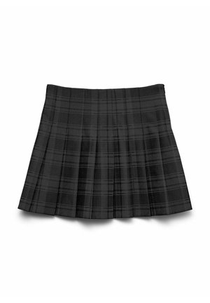 Zwart geruite geplooide rok met een gestructureerde afwerking, met een klassiek ruitenpatroon en een flared silhouet. Lichtgewicht stof.