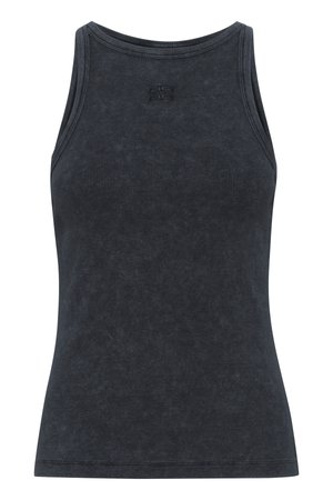Mørkegrå, ribbestrikket tanktop med rund hals og en tettsittende fasong. Har en subtil logo detalj på brystet. Myk, teksturert stoff.
