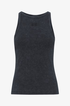 Débardeur côtelé gris foncé avec un col rond et une coupe ajustée. Présente un discret logo sur la poitrine. Tissu doux et texturé.