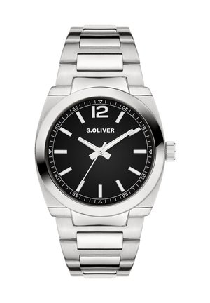 Silberne Armbanduhr aus Edelstahl mit rundem schwarzem Zifferblatt. Verfügt über silberne Stundenmarkierungen, weiße Zeiger und ein Metallgliederarmband. Markenname: S.Oliver.