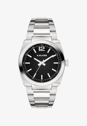 Silver stainless steel watch with a round black dial. Features silver hour markers, white hands, and a metal link bracelet. Brand name: S.Oliver.