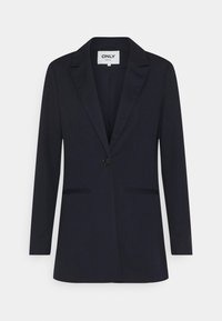 Blazer bleu marine en tissu lisse, doté d'une fermeture à un bouton, d'un col cranté, de deux poches avant et de manches longues.