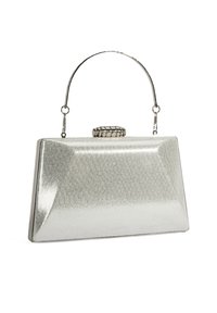 Zilverkleurige metallic clutch met een gestructureerde rechthoekige vorm, voorzien van een bovenhandvat en een gestructureerd sluitsel. Gladde oppervlakafwerking.