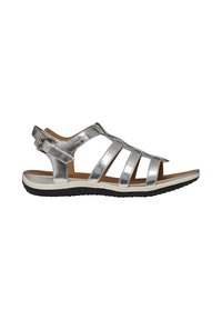 Silver metallic open-toe sandal with multiple straps, adjustable buckle heel strap, cushioned tan footbed, and black textured sole.