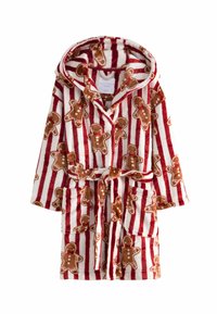 Rot-weißer gestreifter Bademantel aus weichem, plüschigem Material, mit Lebkuchenmann-Mustern, Kapuze, Gürteln in der Taille und frontalen Taschen.