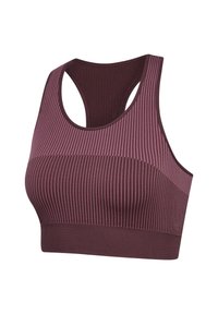 Paarse geribbelde sportbh met een racerback ontwerp, gekenmerkt door een textuurstof en contrasterende kleurdetails op het bovenste gedeelte.