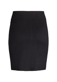 Black, high-waisted, fitted mini skirt with a wide waistband and smooth, plain fabric texture.