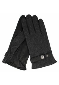 Schwarzleder- und grau-wollgestreifte Handschuhe mit einer glatten Textur, ausgestattet mit einem Handgelenkriemen und einem metallischen Akzent. Das Design umfasst verlängerte Finger.