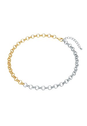 Złoto-srebrny naszyjnik łańcuszkowy z okrągłymi ogniwami i zapięciem typu lobster, z przedłużanym łańcuszkiem i małym akcentem w postaci koralika.