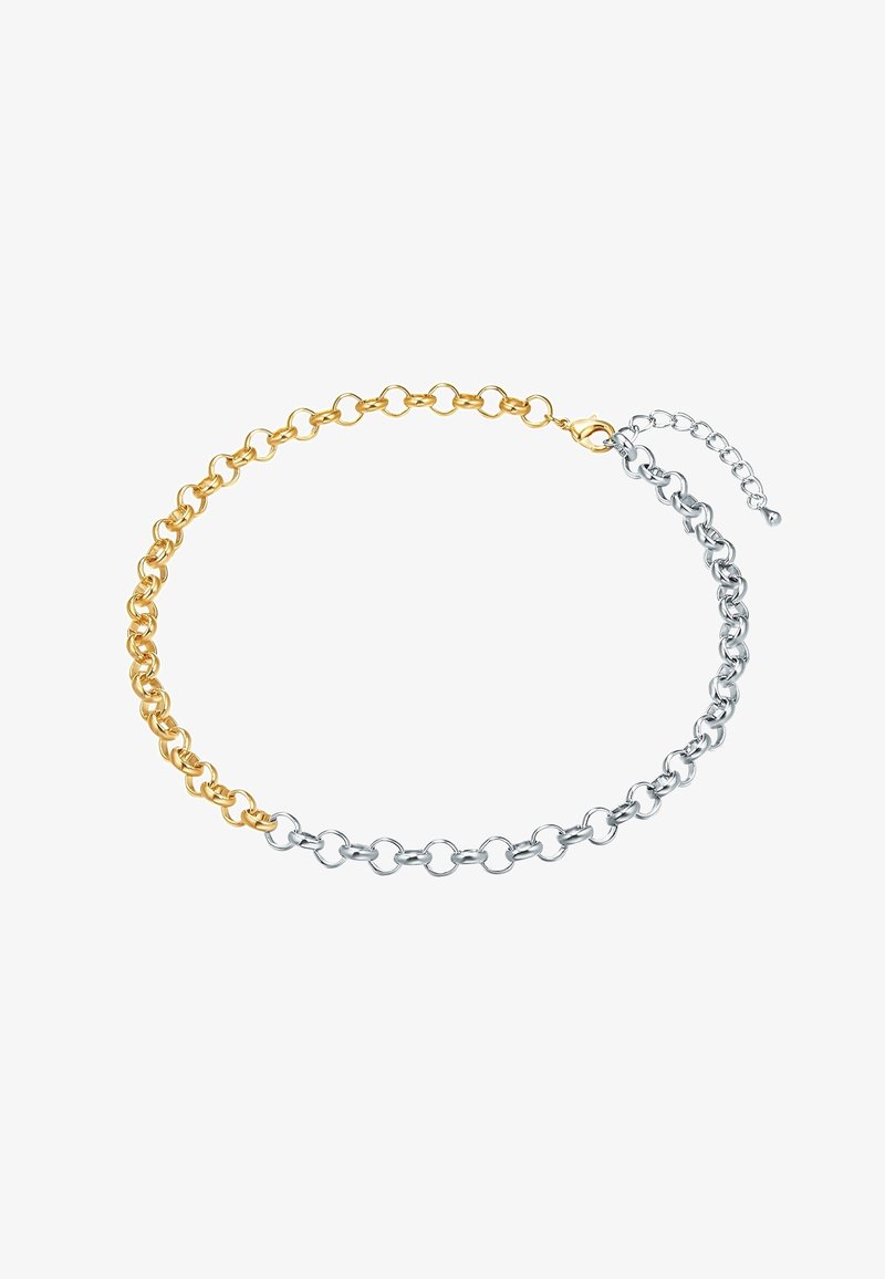 Kultaketju, jossa on vuorotellen kultaisia ja hopeisia pyöreitä linkkejä, joissa on hummerilukko. Ketjussa on myös pidentävä osa, jossa on pieni helmikoriste.