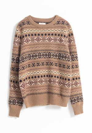 Suéter de punto en color marrón claro con patrones geométricos multicolores. Cuenta con cuello redondo, mangas largas y puños y dobladillo acanalados.