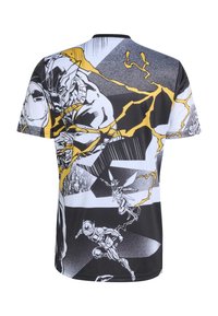 Koszulka z krótkim rękawem z nadrukiem inspirowanym komiksem w kolorach czarnym, białym i żółtym, prezentująca różnorodne grafiki i wzory superbohaterów.