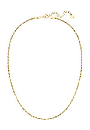 Gouden gedraaide touwketting met kreeftsluiting en verstelbare verlengketting op een witte achtergrond.