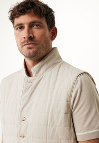Beige quilted vest with a stand-up collar and two front buttons, worn over a light brown short-sleeve shirt with white trim.