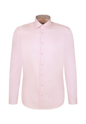 Lichtroze langetermijnshirt met knopen aan de voorkant, met een contrasterende gegrafieerde kraag en manchetten, gemaakt van gladde stof.