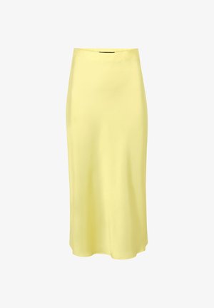 Lichtgele, knie-lange rok met een gladde textuur en een eenvoudige A-lijn silhouet op een witte achtergrond.