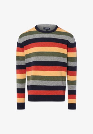 Gestreifter Pullover in mehreren Farben mit gelben, roten, grünen, grauen und marineblauen Streifen, Rundhalsausschnitt, gerippten Säumen und Hemdabschlüssen. Weiche Textur.