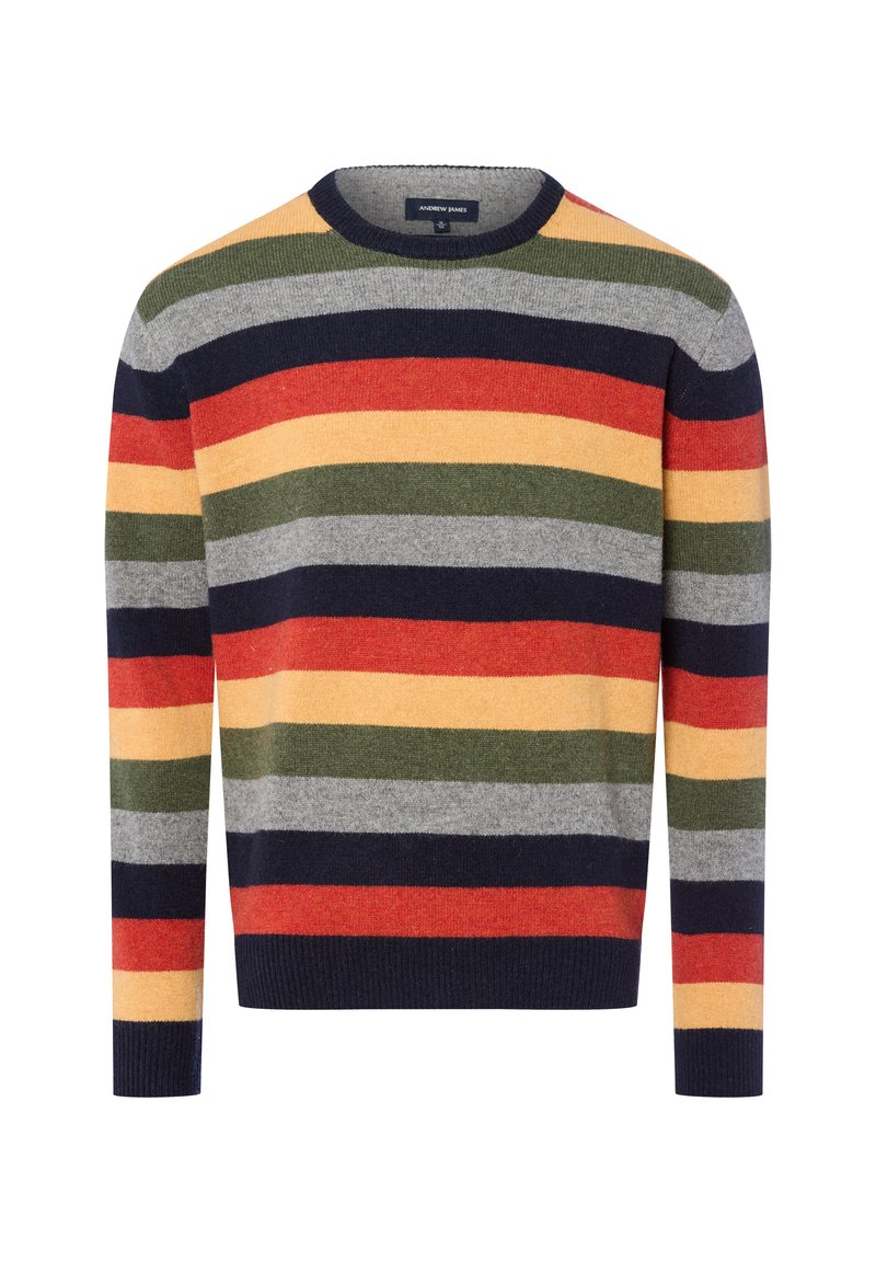 Multicolored striped sweater featuring yellow, red, green, gray, and navy stripes, crew neckline, ribbed cuffs, and hem. Soft texture.