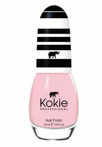 Kokie Professional nagellackflaska med en rosa kropp, genomskinlig bas och ett lock med svart-vita ränder som har ett elefantmotiv.
