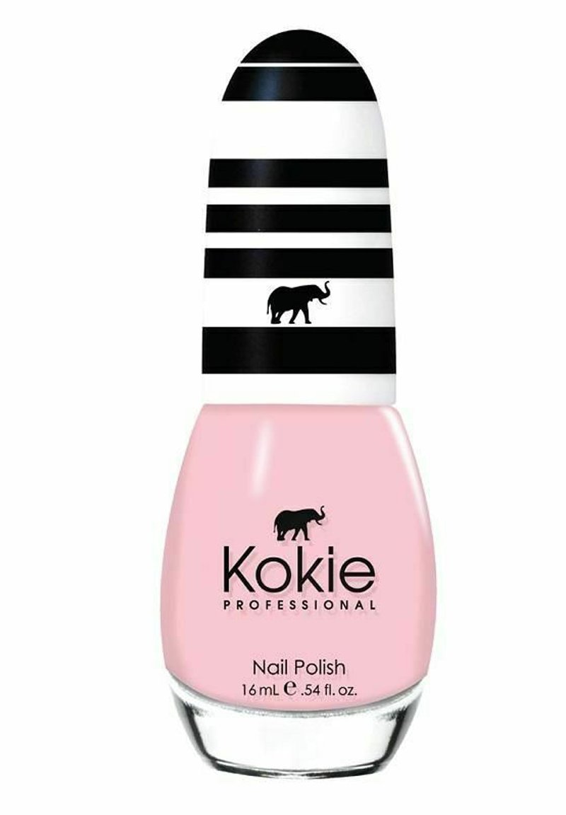 Kokie Professional nagellackflaska med en rosa kropp, genomskinlig bas och ett lock med svart-vita ränder som har ett elefantmotiv.