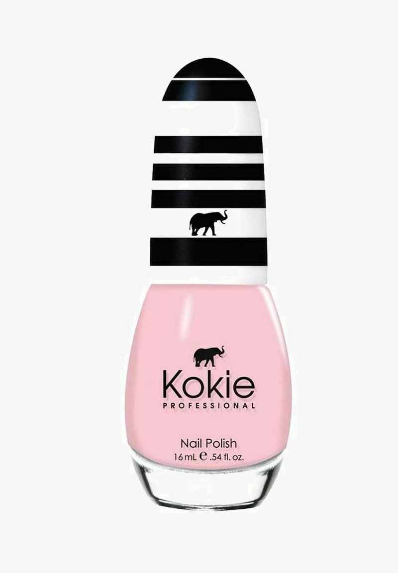 Kokie Professional nagellackflaska med en rosa kropp, genomskinlig bas och ett lock med svart-vita ränder som har ett elefantmotiv.