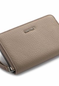 Beige textured leather wallet with a zip closure and silver hardware. Features embossed brand logo on the front. Compact, rectangular shape.