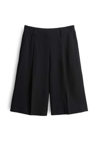 Pantaloni corti plissettati neri realizzati in tessuto morbido, caratterizzati da una vita alta e un taglio ampio, adatti per abbigliamento casual o formale.