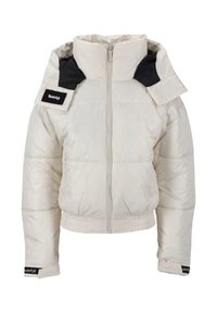 Pufjakke i off-white med høj krave og sorte skulderaccenter. Har en foran lynlås, elastisk talje og mærkede manchetter.