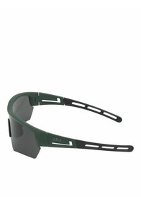 Brille mit einem dunkelgrauen Glas und einem Zweitonrahmen: dunkelgrün und schwarz, mit Ausschnitten an den Bügeln. Leichtes Design.