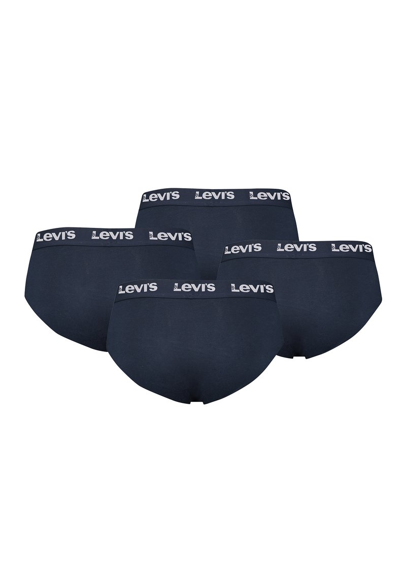 Vier schwarze Levi's Slips mit gebrandeten elastischen Bund, angeordnet in einer versetzten Formation auf weißem Hintergrund.