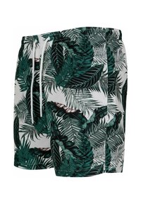 Maillots de bain pour hommes, avec une base blanche et un motif de feuilles vertes et noires, taille élastique et cordon de serrage blanc.
