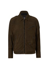 Brun ruskindjakke med spids krave, lynlås foran, to sidelommer med lynlås og en klaplomme med knaplukning. Glat tekstur.