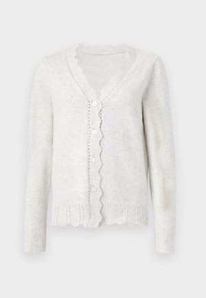Cardigan grigio chiaro realizzato in un materiale morbido, con un colletto e un orlo a scallop, cinque bottoni sulla parte anteriore e polsini a coste.