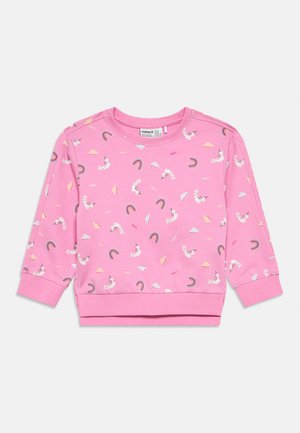 Sweat-shirt pour enfants à manches longues rose avec des motifs de licornes, arcs-en-ciel, nuages et texte "YAY !" partout.