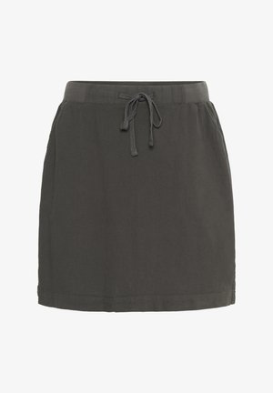 Gonna grigia scura con cintura regolabile, tessuto leggero, lunghezza al ginocchio e senza motivi o dettagli visibili. Design semplice e pratico.