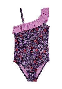 Enosni kostim za kopanje v vijolični barvi z volanastim trakom. Vsebuje cvetlični paisley vzorec v rdečih in roza odtenkih na temnem ozadju.