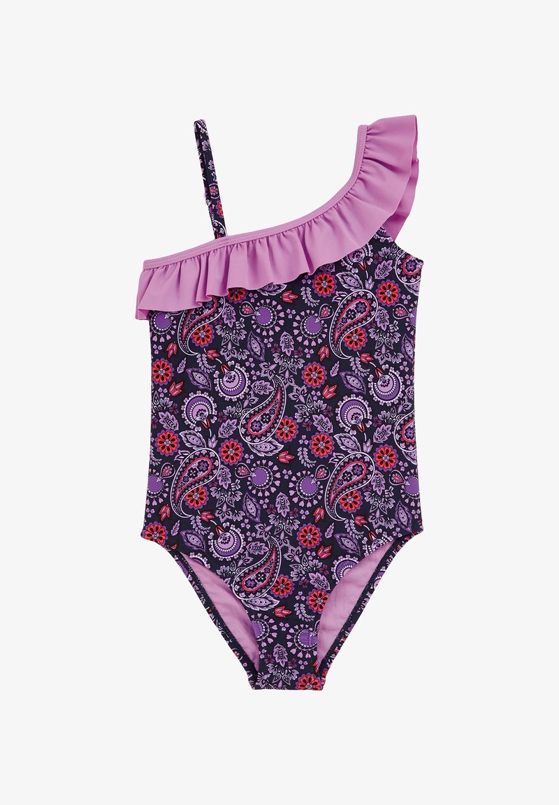 Enosni kostim za kopanje v vijolični barvi z volanastim trakom. Vsebuje cvetlični paisley vzorec v rdečih in roza odtenkih na temnem ozadju.