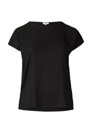 Top corto nero a maniche corte con tessuto strutturato e vestibilità rilassata. Presenta un collo rotondo e un orlo dritto, offrendo un design minimalista.