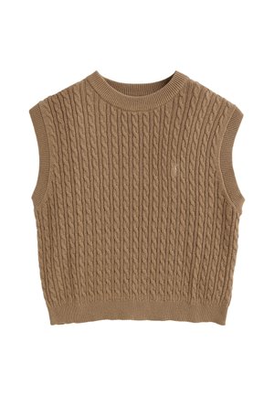 Chaleco de punto sin mangas marrón con trenzas, con cuello redondo, sisas y bajos de canalé, mostrado plano sobre fondo blanco.