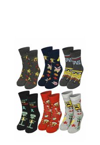 Acht Paar Baumwollsocken mit Cartoonfiguren, in verschiedenen Farben wie Grau, Marineblau, Rot und mit Mustern wie Spongebob und Squidward.