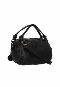Borsa a mano in pelle nera con forma arrotondata, doppio manico superiore e tracolla rimovibile. Presenta una chiusura con zip e una tasca laterale.
