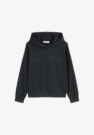 Ciemnoniebieska bluza z kapturem wykonana z miękkiego materiału, z dużym, haftowanym logo z przodu, szerokimi rękawami i przytulnym, oversize'owym kapturem.